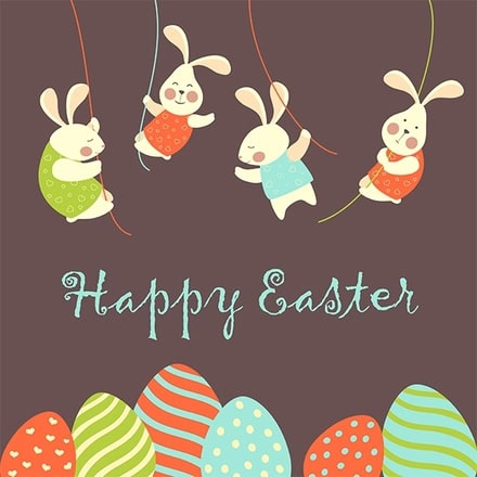 Link to Easter E-cards. Rabbits swinging on ropes above easter eggs.