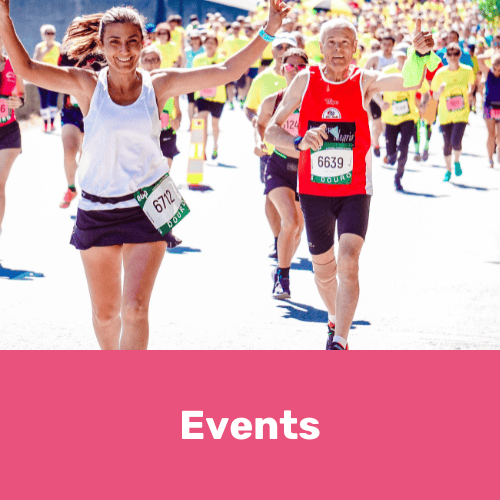 Link to events. Photo of people running in race.