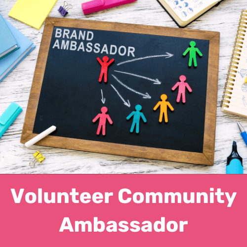 Link to community ambassador volunteer role. Blackboard with drawings of people on it.