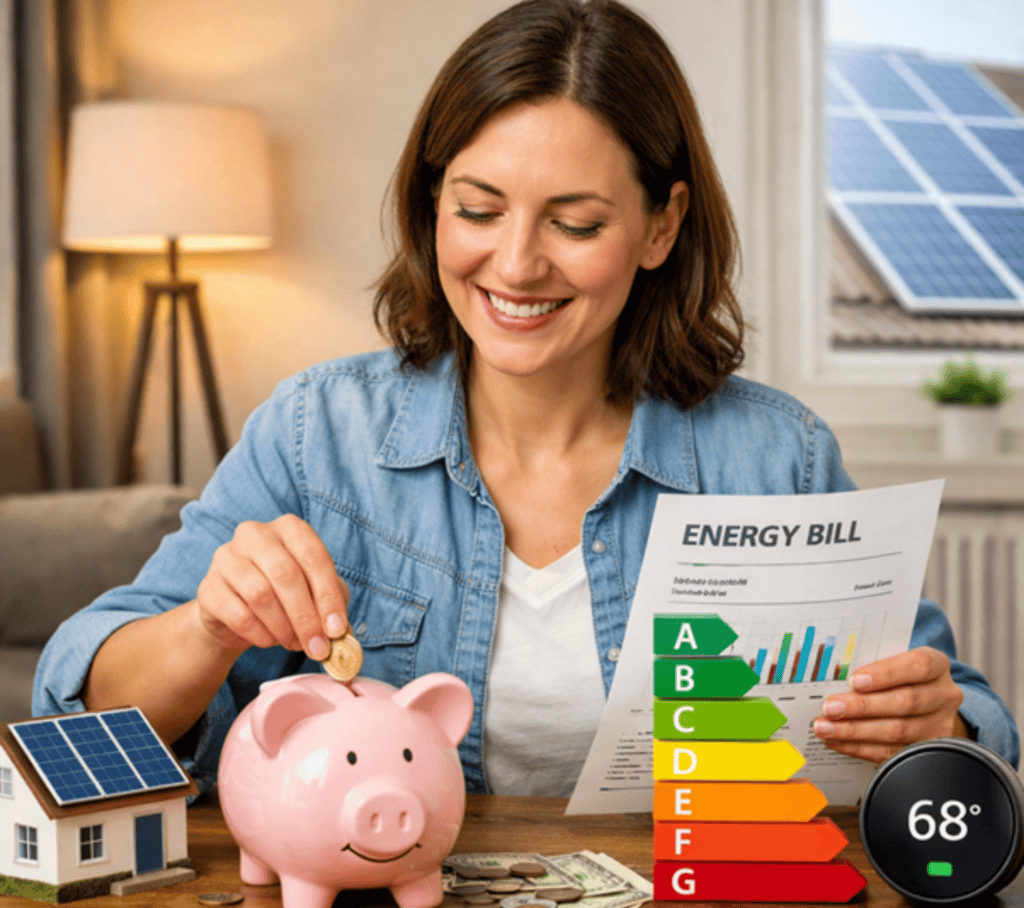 A lady putting coins in a piggy bank and checking her energy bills